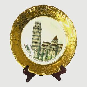 VINTAGE ITALIAN GOLD RIMMED PORCELAIN-PISA TORRE PENDENTE E ABSIDE DEL DUOMO 11"